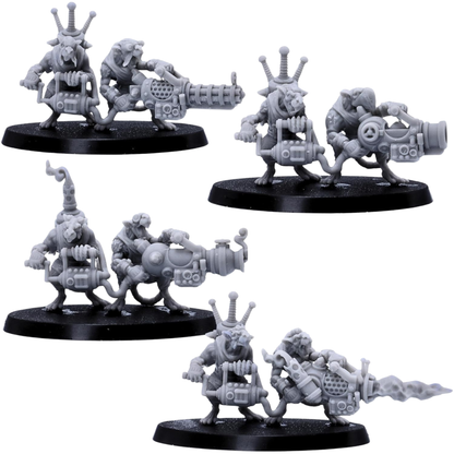 Unpainted Rat Crews showing rotary gun, cannon, experimental weapon, and flame weapon teams on oval bases.