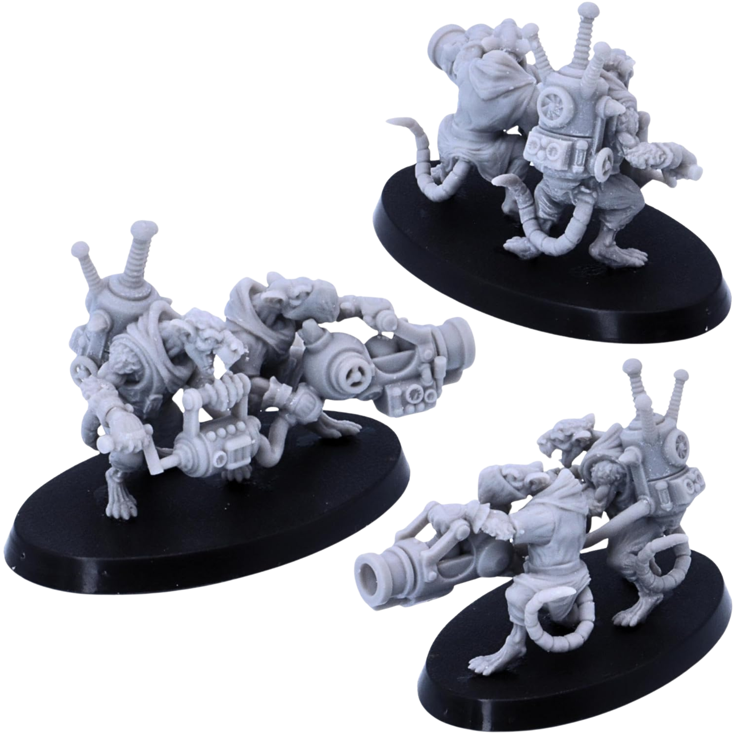 Rear and angled views of Rat Crew miniatures showing backpacks, cables, pipes, machinery, tails, and weapon mechanisms.
