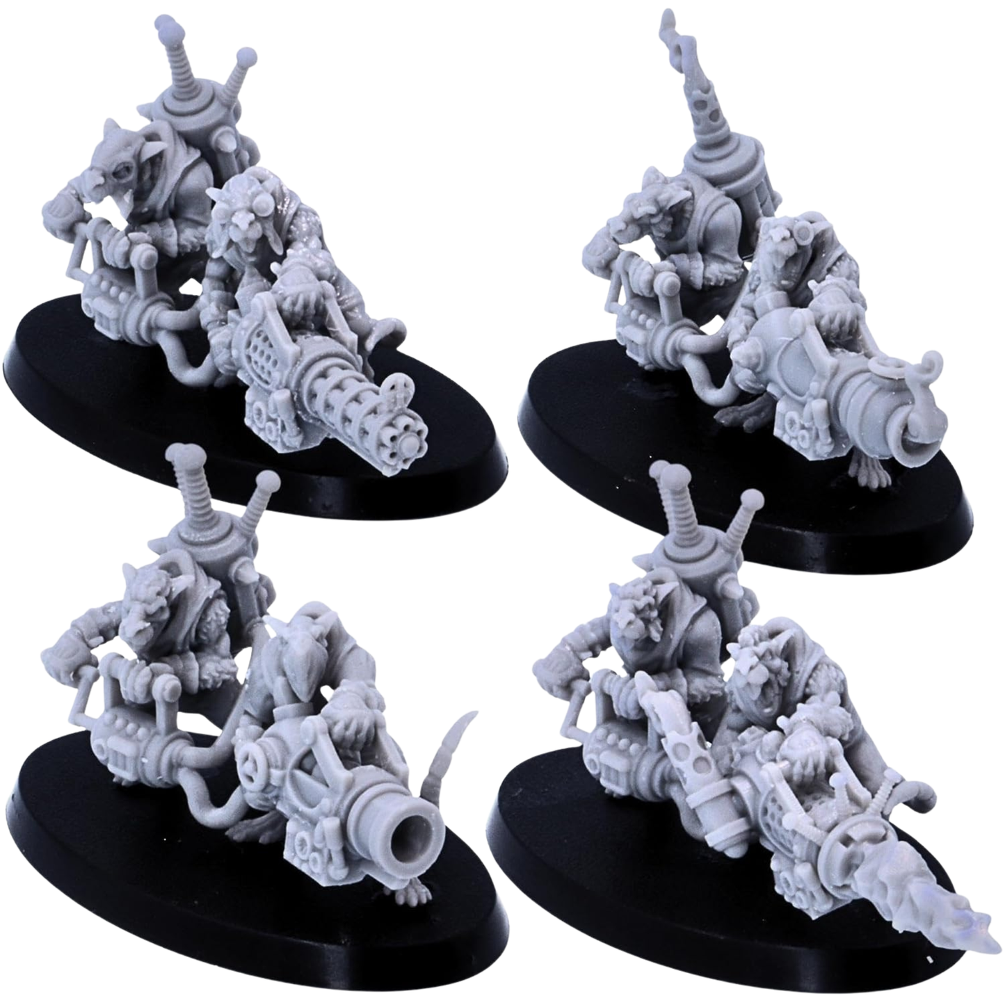 Unpainted Rat Crew miniatures by Resin Warfare showing four fantasy rat weapon teams with different experimental heavy weapons.