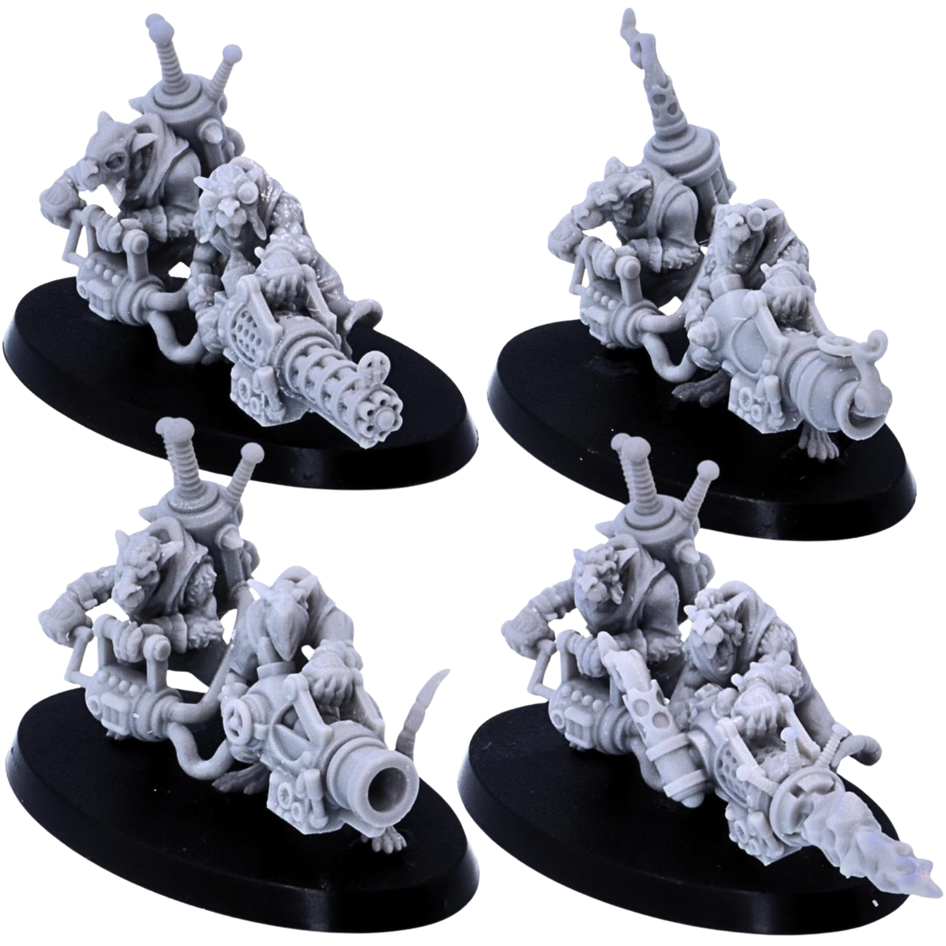 Unpainted Rat Crew miniatures by Resin Warfare showing four fantasy rat weapon teams with different experimental heavy weapons.
