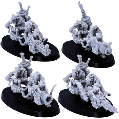 Unpainted Rat Crew miniatures by Resin Warfare showing four fantasy rat weapon teams with different experimental heavy weapons.
