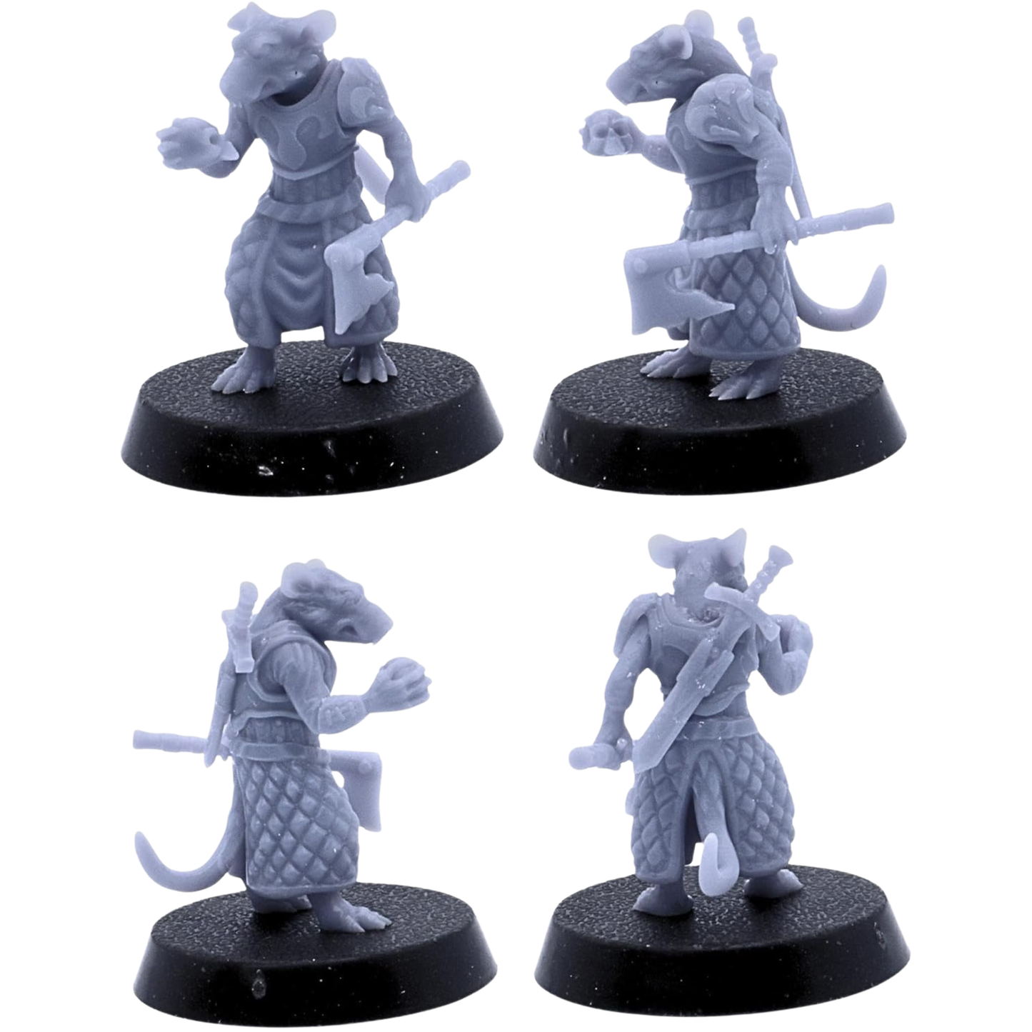 Unpainted Rat Warrior miniature shown from multiple angles with axe, layered armour, padded clothing, and additional weapons.