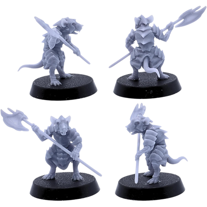 Unpainted Rat Warrior shown from multiple angles wearing heavy armour and carrying a large double-headed polearm.