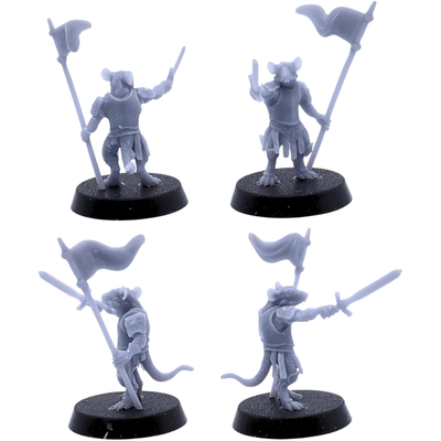 Unpainted Rat Warrior banner bearer shown from multiple angles with sword, battle standard, armour, and long tail.