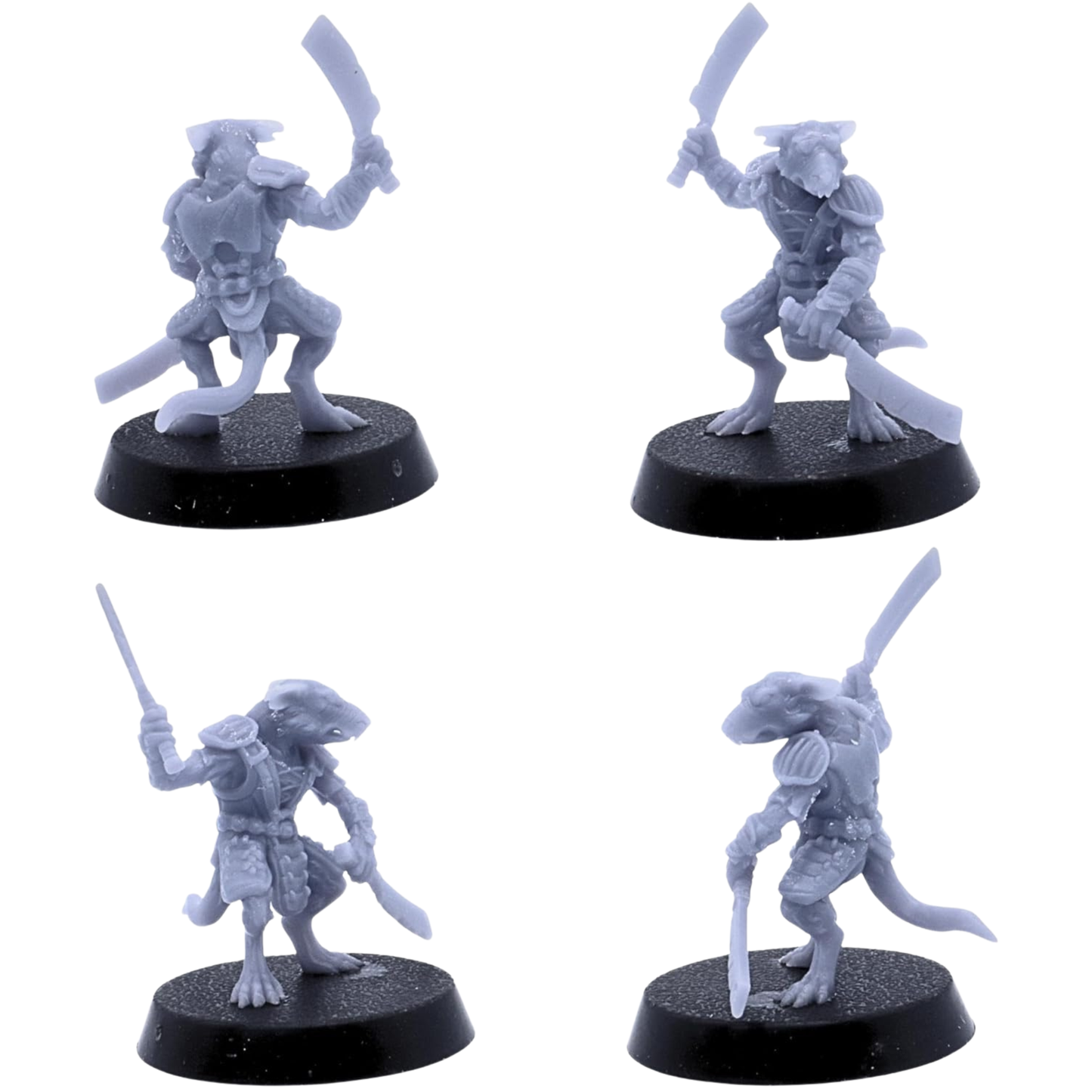 Unpainted Rat Warrior miniature shown from multiple angles with two curved blades, light armour, shoulder plates, belts, and long rat tail.