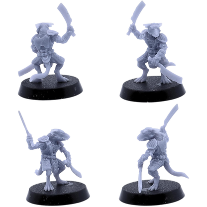 Unpainted Rat Warrior miniature shown from multiple angles with two curved blades, light armour, shoulder plates, belts, and long rat tail.