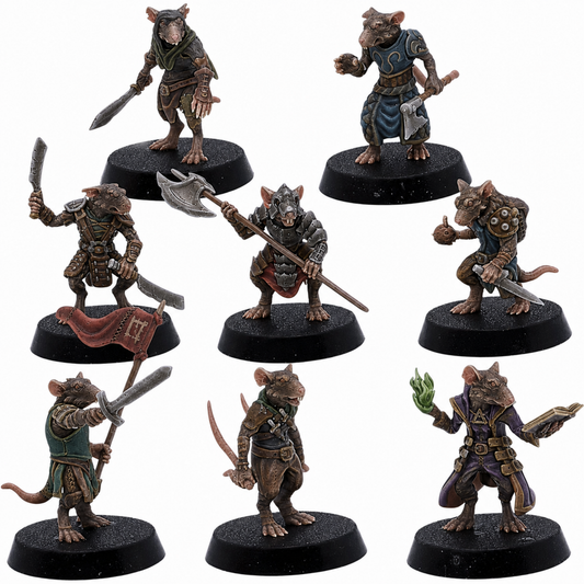 Painted Rat Warriors set of 8 by Epic Miniatures showing armed fantasy Ratmen with swords, axes, polearms, banners, daggers, armour, and magical equipment.