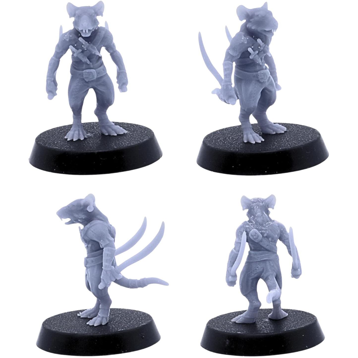 Unpainted Rat Warrior rogue shown from multiple angles with curved blades, light clothing, belts, pouches, and agile fighting pose.