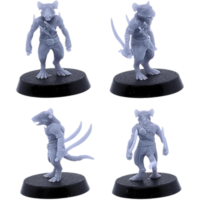 Unpainted Rat Warrior rogue shown from multiple angles with curved blades, light clothing, belts, pouches, and agile fighting pose.