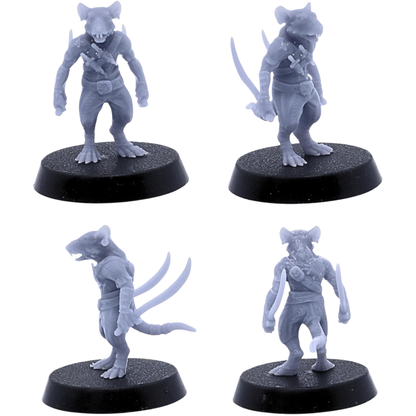 Unpainted Rat Warrior rogue shown from multiple angles with curved blades, light clothing, belts, pouches, and agile fighting pose.