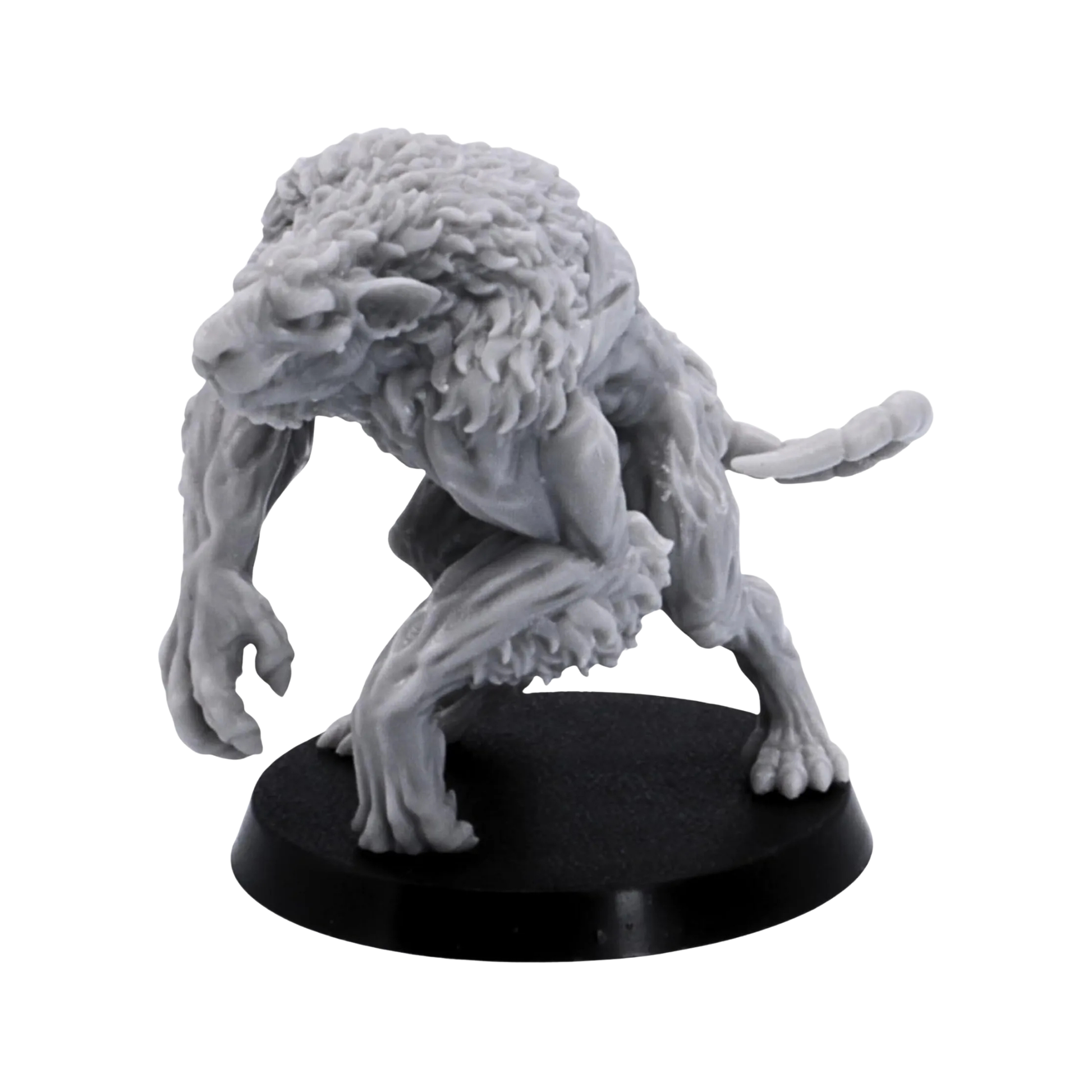 Unpainted Ratmen Brute miniature in a crouched pose with long muscular arms, thick fur, claws, and a curved tail.