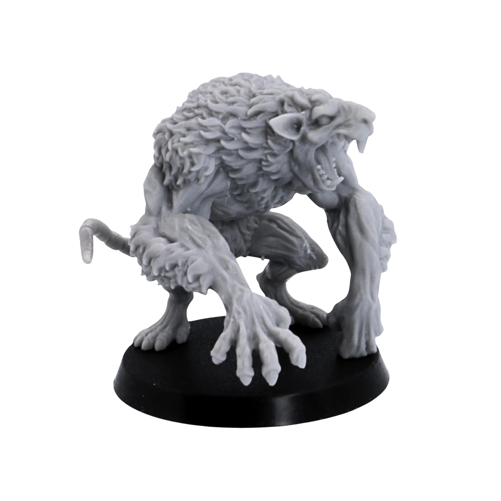 Unpainted roaring Ratmen Brute miniature with oversized claws, layered fur, muscular limbs, sharp teeth, and a 40mm round base.