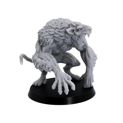 Unpainted roaring Ratmen Brute miniature with oversized claws, layered fur, muscular limbs, sharp teeth, and a 40mm round base.