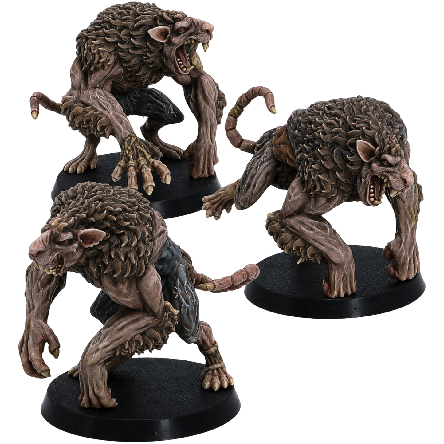 Painted Ratmen Brutes set of 3 by Resin Warfare showing hulking mutant rat warriors with powerful limbs, thick fur, claws, and snarling faces.