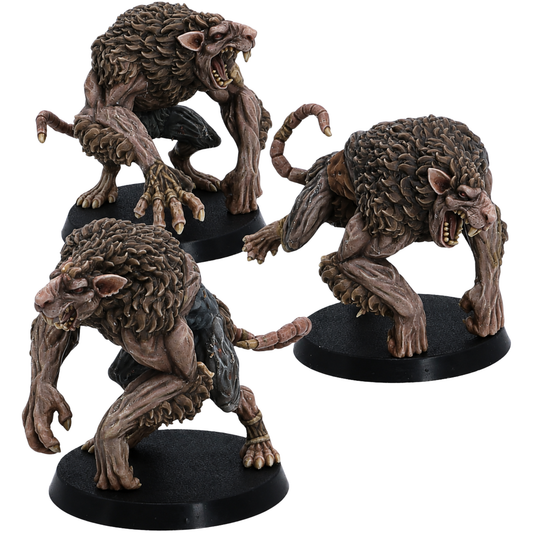 Painted Ratmen Brutes set of 3 by Resin Warfare showing hulking mutant rat warriors with powerful limbs, thick fur, claws, and snarling faces.