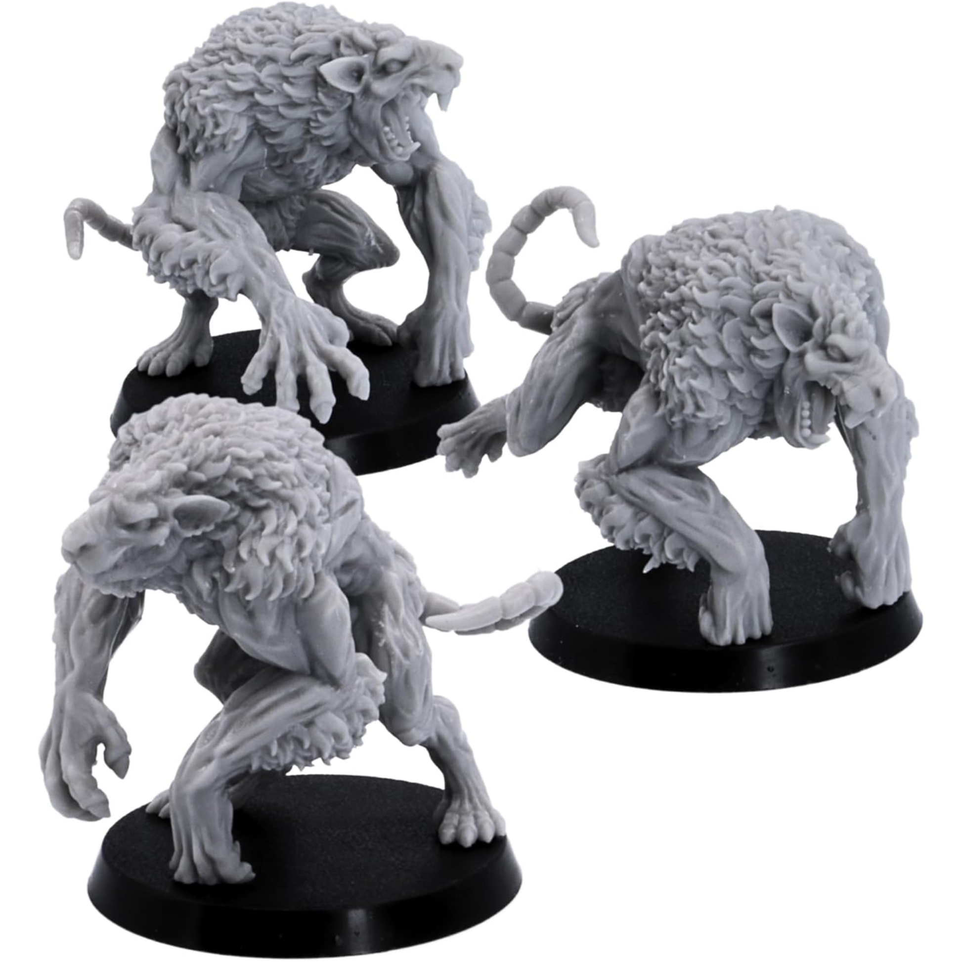 Unpainted Ratmen Brutes set of three by Resin Warfare showing different mutant rat warrior poses on 40mm round bases.