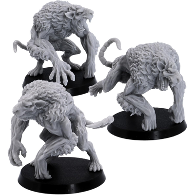 Unpainted Ratmen Brutes set of three by Resin Warfare showing different mutant rat warrior poses on 40mm round bases.