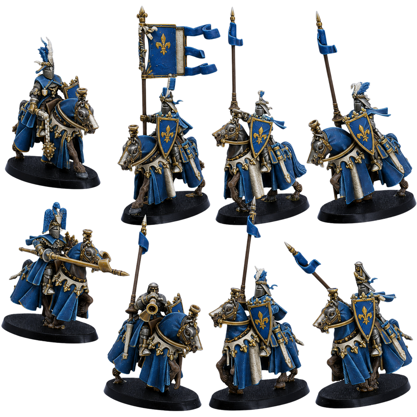 Painted Royal Knights Cavalry set of 8 by Highlands Miniatures showing armoured mounted knights with lances, shields, banners, heraldry, and barded warhorses.