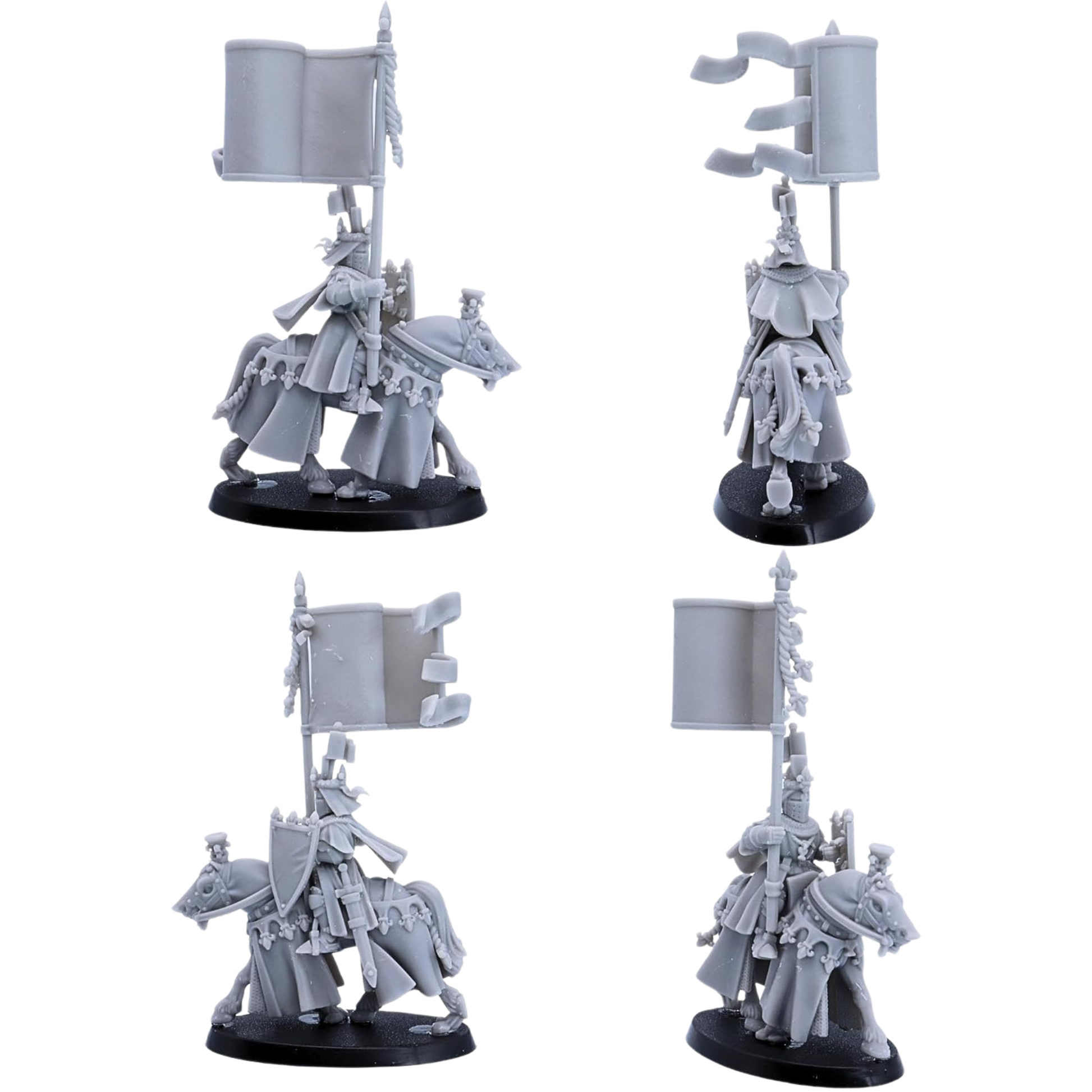 Unpainted Royal Knight banner bearer miniature shown from multiple angles with large battle standard, heraldic shield, armour, and barded warhorse.