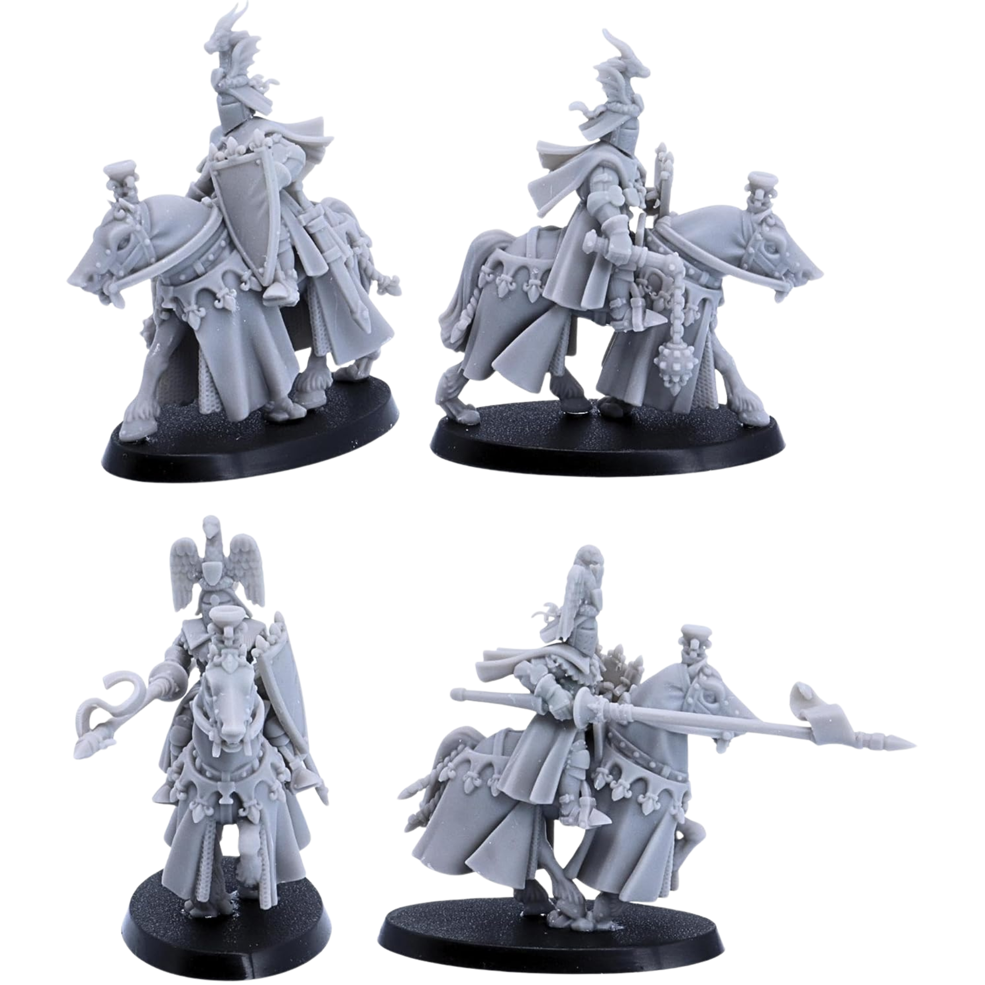 Unpainted Royal Knights Cavalry command miniatures showing mounted champions with ornate helmets, shields, polearms, and decorative warhorse armour.