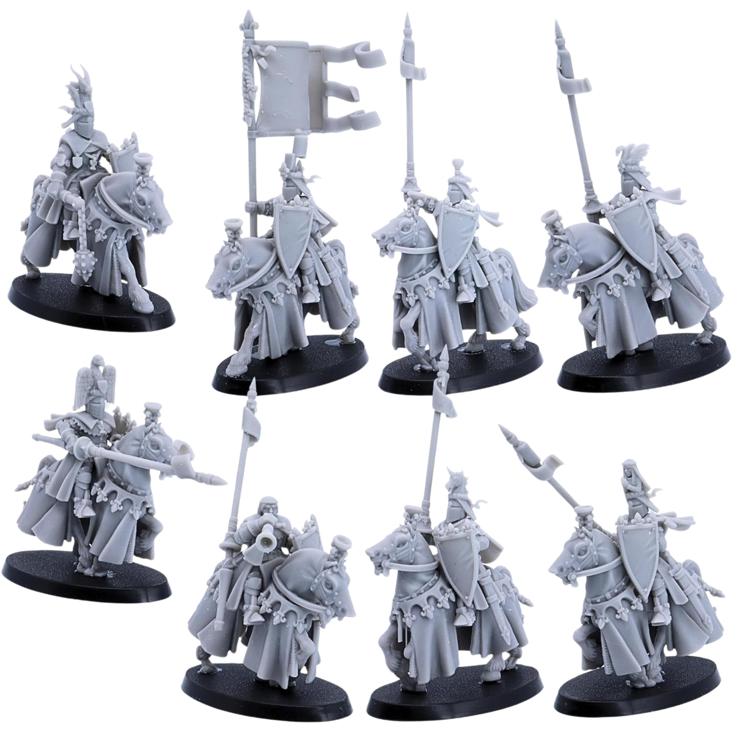 Unpainted Royal Knights Cavalry set of eight by Highlands Miniatures showing varied mounted knight poses with shields, lances, banners, and decorated warhorses.