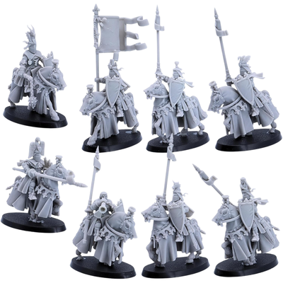 Unpainted Royal Knights Cavalry set of eight by Highlands Miniatures showing varied mounted knight poses with shields, lances, banners, and decorated warhorses.