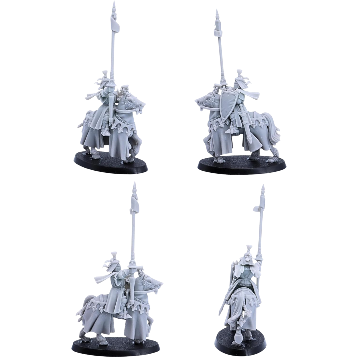 Unpainted mounted Royal Knight by Highlands Miniatures showing lance, heraldic shield, flowing horse coverings, and detailed cavalry equipment.