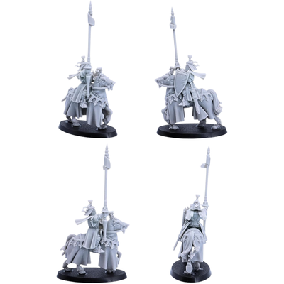Unpainted mounted Royal Knight by Highlands Miniatures showing lance, heraldic shield, flowing horse coverings, and detailed cavalry equipment.