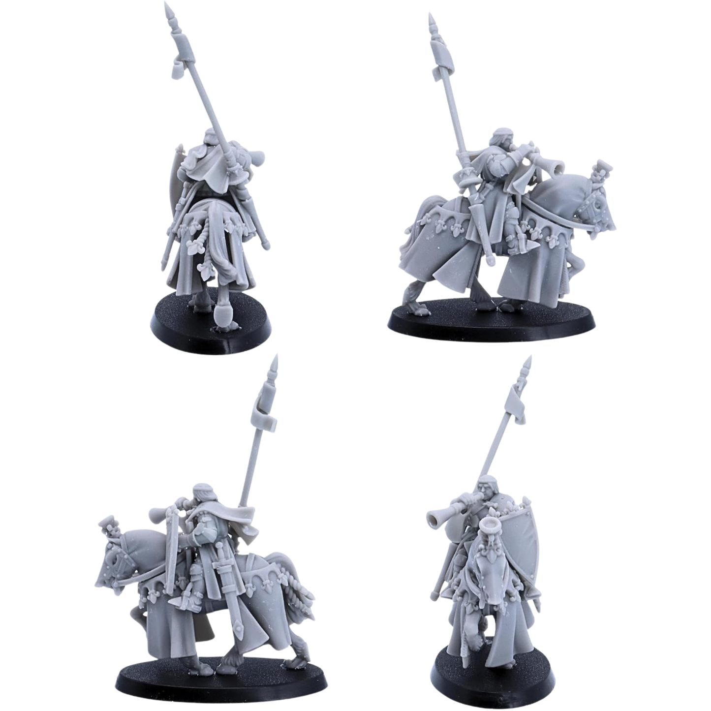 Unpainted Royal Knight cavalry miniature shown from multiple angles with long lance, shield, armour, cloak, and barded warhorse.