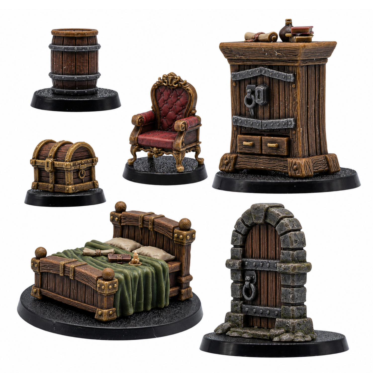 Painted RPG Props Set by Forged Path Miniatures showing door, bed, cupboard, barrel, treasure chest, and chair miniatures.