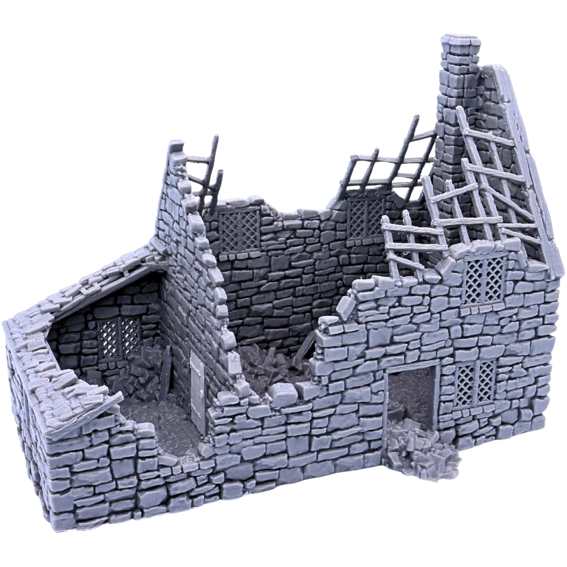 Angled front view of the Ruined Crow Cottage highlighting the collapsed walls, exposed roof beams, stone masonry, and interior access.