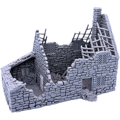 Angled front view of the Ruined Crow Cottage highlighting the collapsed walls, exposed roof beams, stone masonry, and interior access.