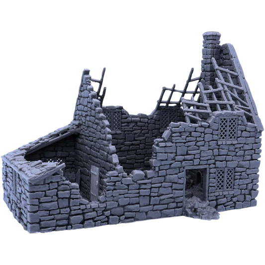 Front view of the unpainted Ruined Crow Cottage showing the damaged stone façade, open doorway, broken roof structure, chimney, and windows.