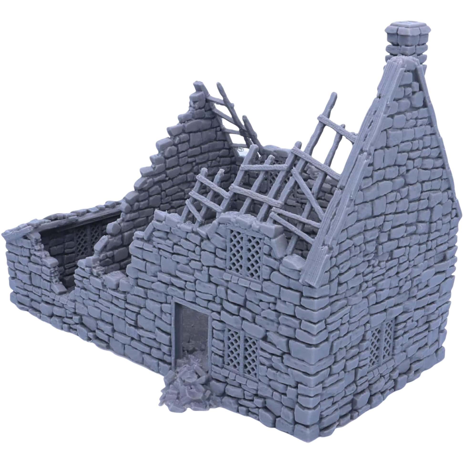 Opposite angle view of the Ruined Crow Cottage featuring ruined stonework, exposed rafters, doorway, chimney, and damaged upper walls.