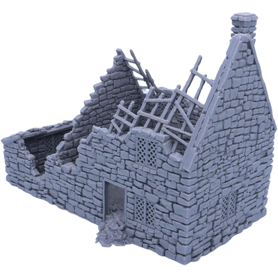 Opposite angle view of the Ruined Crow Cottage featuring ruined stonework, exposed rafters, doorway, chimney, and damaged upper walls.