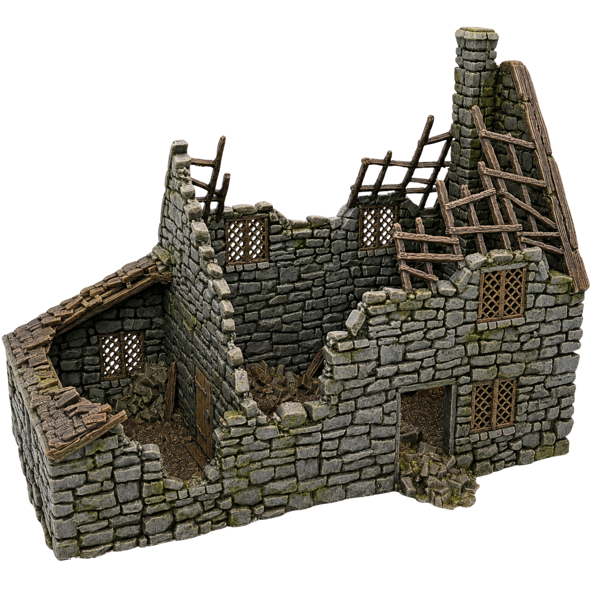 Painted Ruined Crow Cottage by Printable Scenery featuring damaged stone walls, exposed timber rafters, chimney, lattice windows, and rubble.