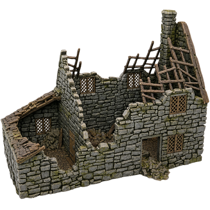 Painted Ruined Crow Cottage by Printable Scenery featuring damaged stone walls, exposed timber rafters, chimney, lattice windows, and rubble.