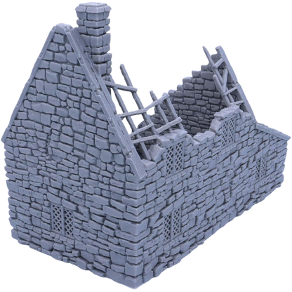 Rear view of the Ruined Crow Cottage with detailed stone walls, lattice windows, exposed timber roof framework, and chimney.