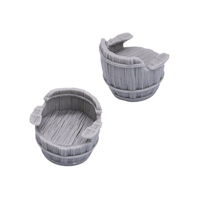 Rustic barrel chair miniature with wooden plank seat, curved barrel sides, and armrests for 28mm fantasy interiors.