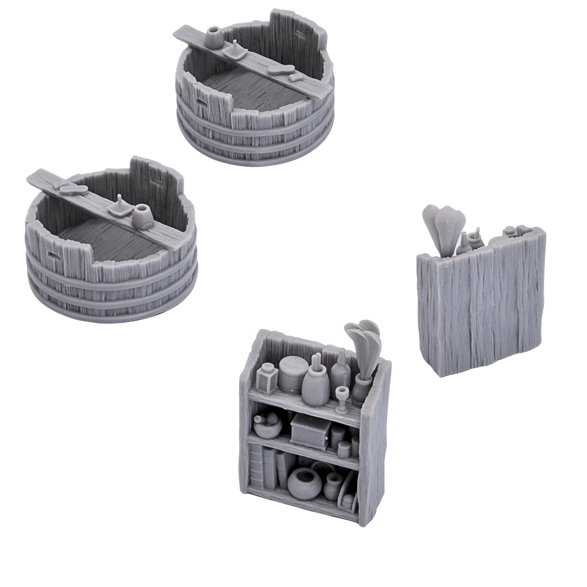 Rustic barrel counter and stocked wooden shelving with bottles, books, pottery, and fantasy household accessories.