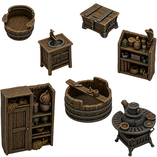 Painted Rustic Furniture set by Printable Scenery featuring wooden furniture, barrel seating, storage, shelving, wash basin, bathtub, and fantasy cooking stove.