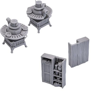 Detailed unpainted rustic cooking stove and wooden storage furniture from the Printable Scenery 28mm furniture collection.