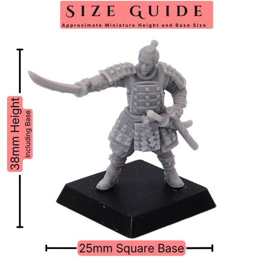 Samurai Swordsmen set of 12 30mm scale miniatures size guide showing an approximate 38mm height including base and 25mm square base size.