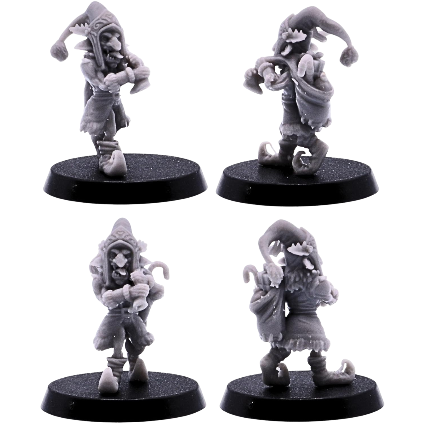 Festive goblin miniature holding a Christmas bell and wearing a pointed Santa hat.