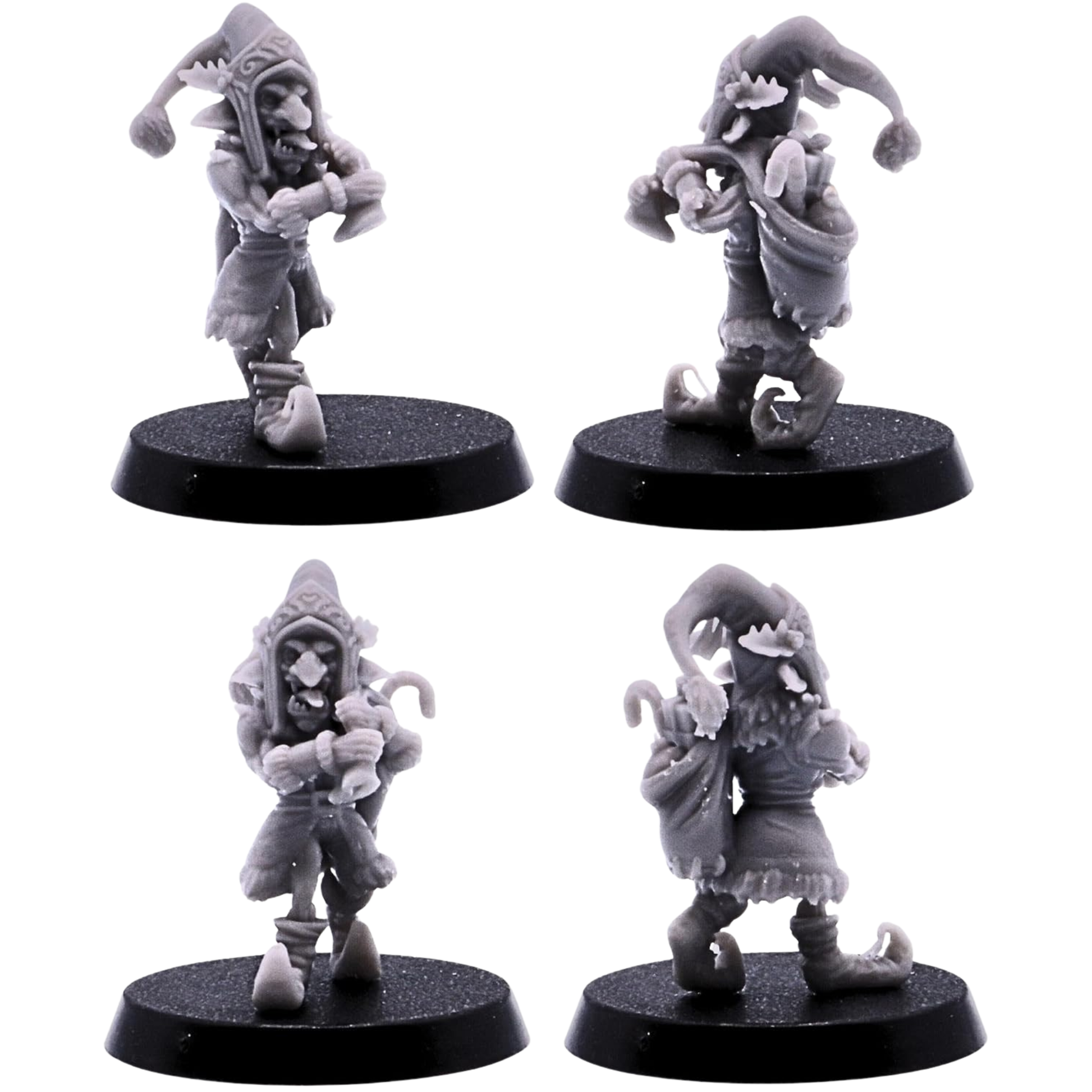 Festive goblin miniature holding a Christmas bell and wearing a pointed Santa hat.