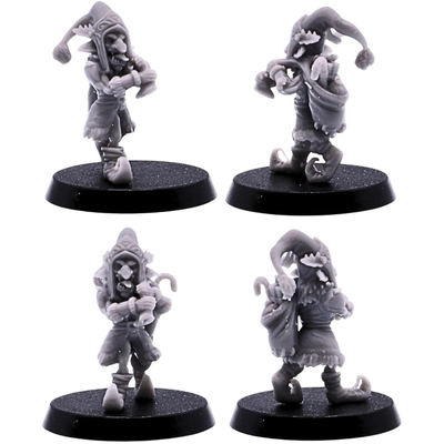 Festive goblin miniature holding a Christmas bell and wearing a pointed Santa hat.