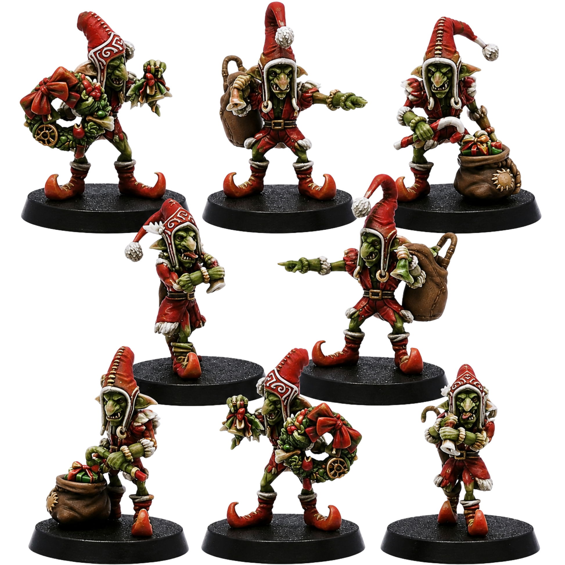 Alt Text: Painted set of eight Santa Goblin miniatures by Forged Terrain in festive Christmas outfits.