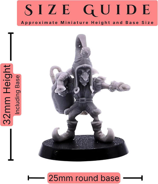 Santa Goblins set of 8 28mm scale miniatures size guide showing an approximate 32mm height including base and 25mm round base size.