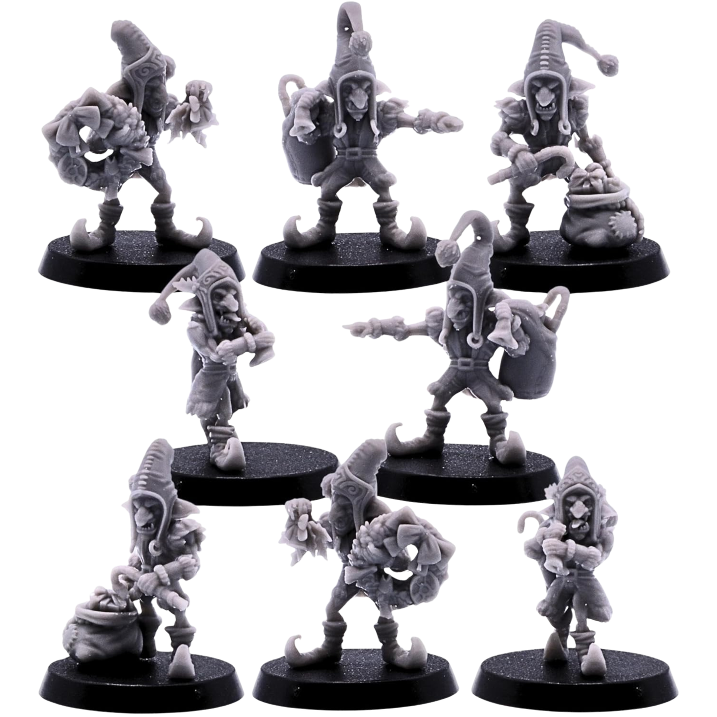 eight unpainted Santa Goblin miniatures in varied festive poses on round bases.