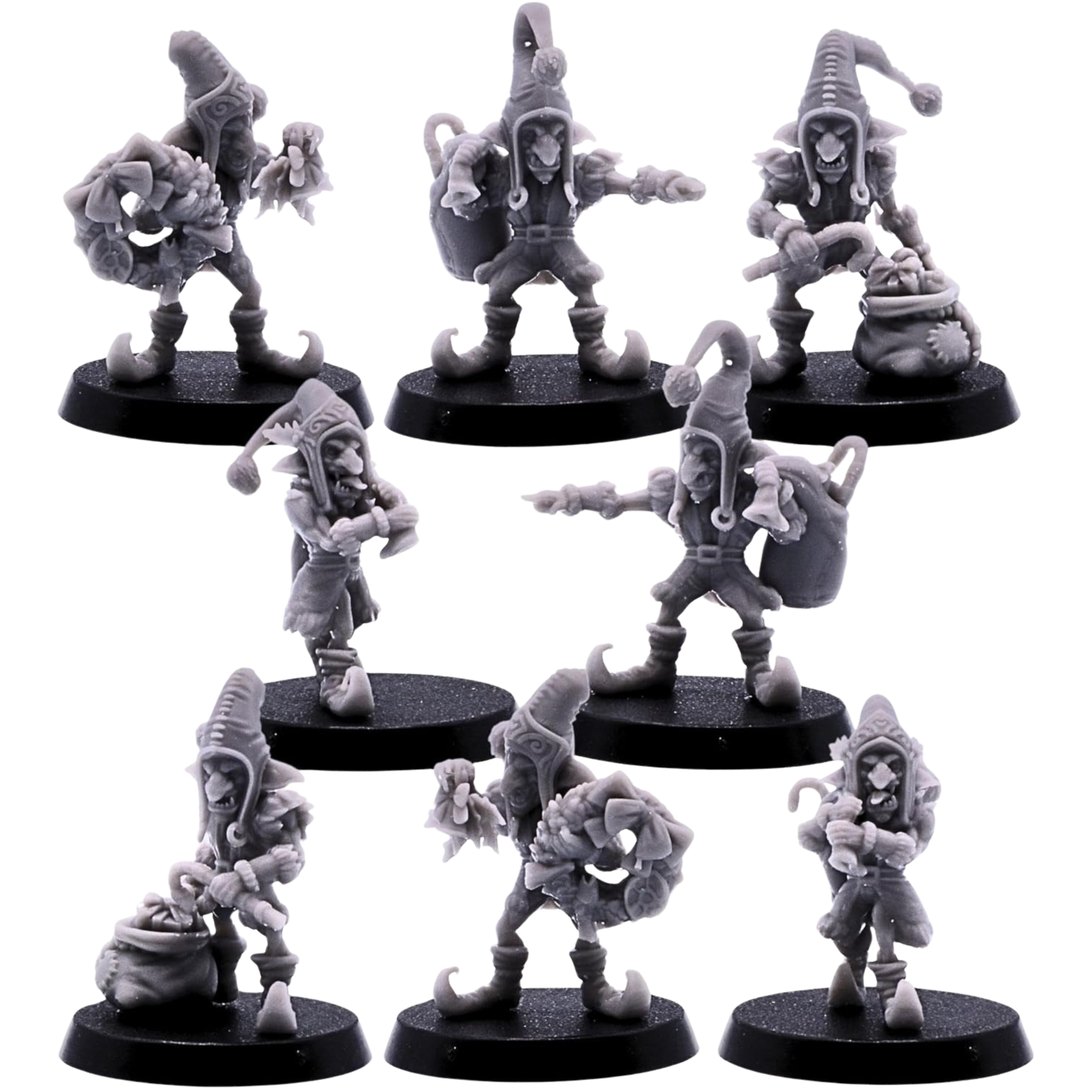 eight unpainted Santa Goblin miniatures in varied festive poses on round bases.